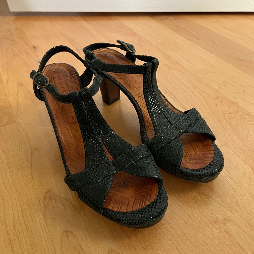 Chie Mihara green faux-snake skin strappy heeled sandals